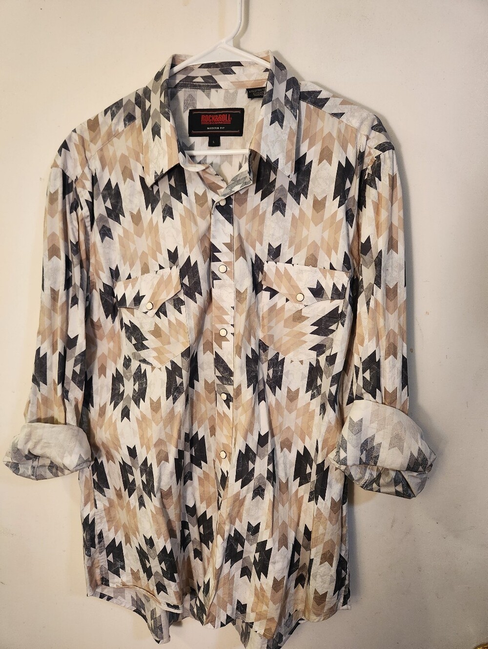 Men's Beige & Black Aztec Print Western Shirt